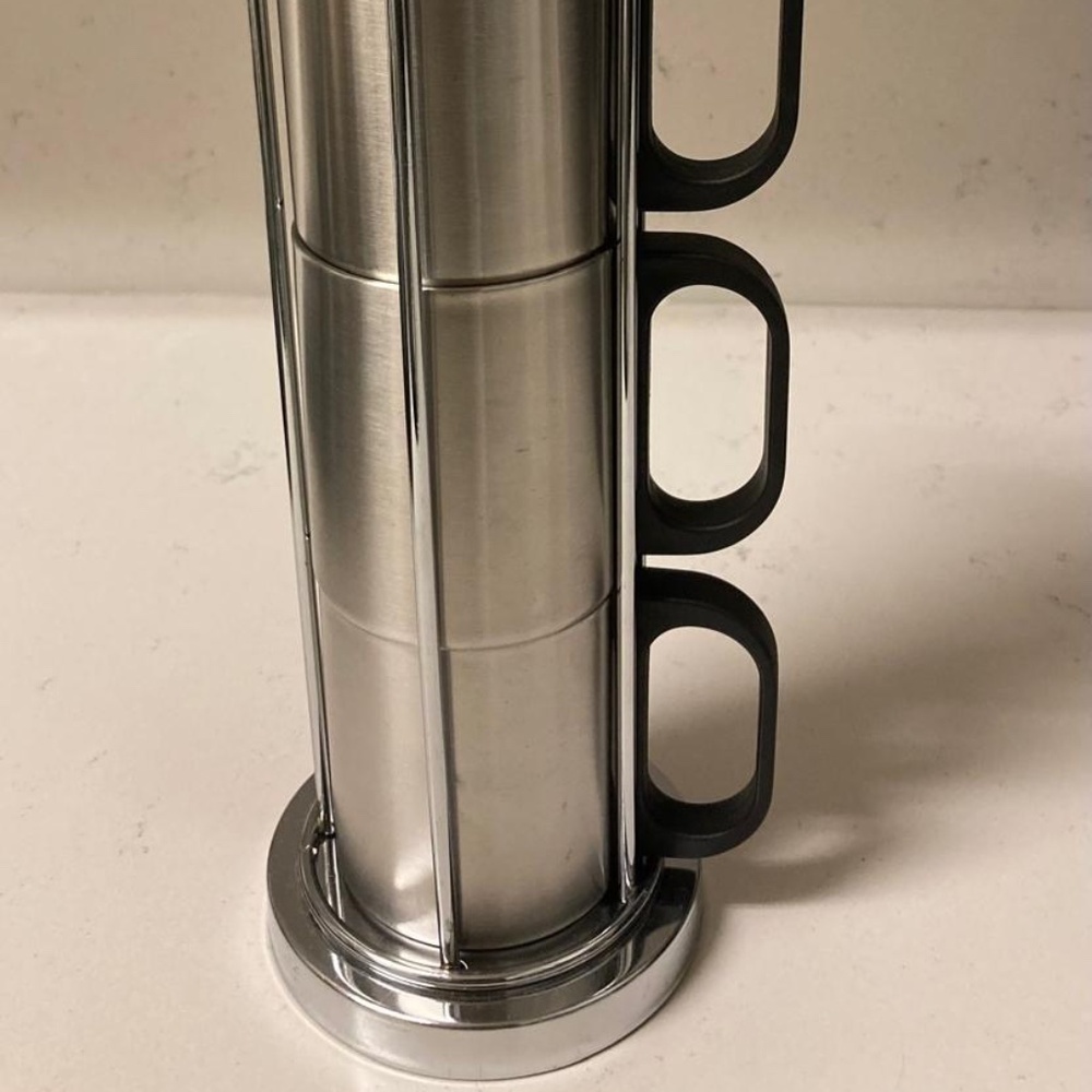 Set Of  4 Steel Camping Picnic Mugs Cups w Black Plastic handle & Stand 200 ml